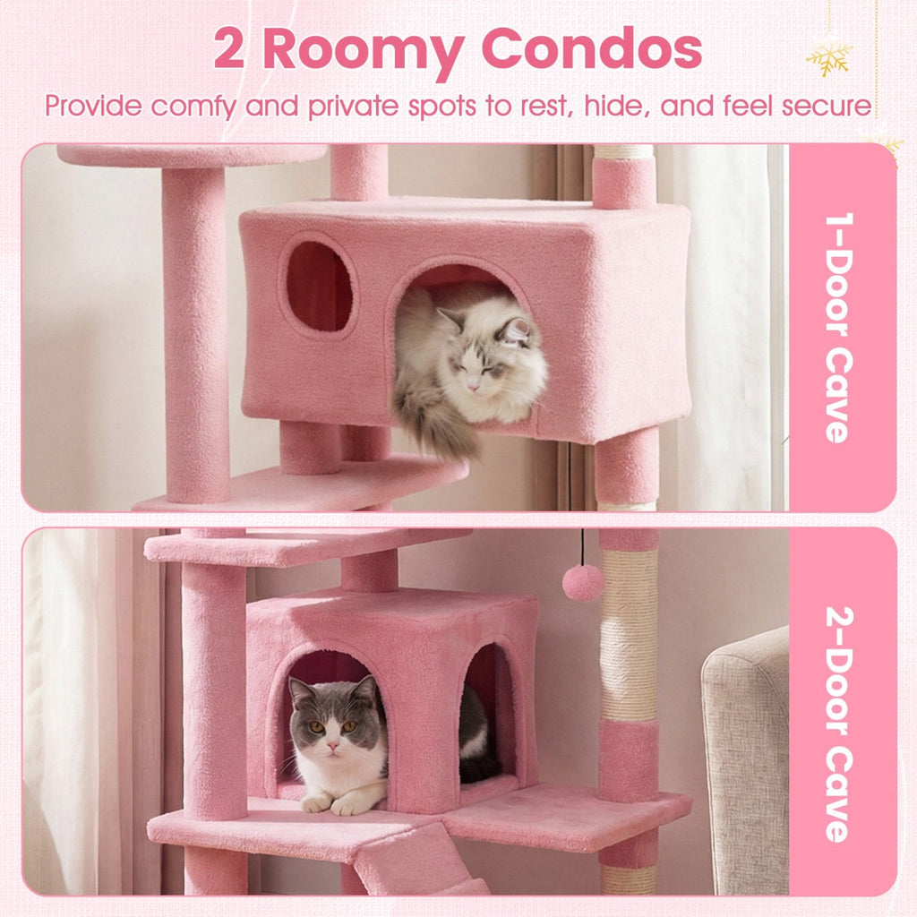 52 Inch Pink Cat Tree with Two Caves, Padded Top Perch and Sisal Scratching Posts