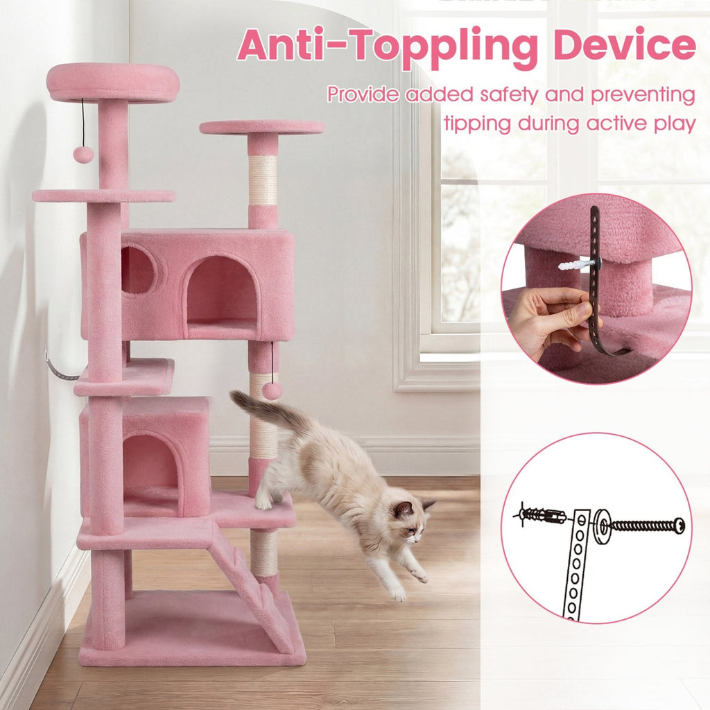 52 Inch Pink Cat Tree with Two Caves, Padded Top Perch and Sisal Scratching Posts