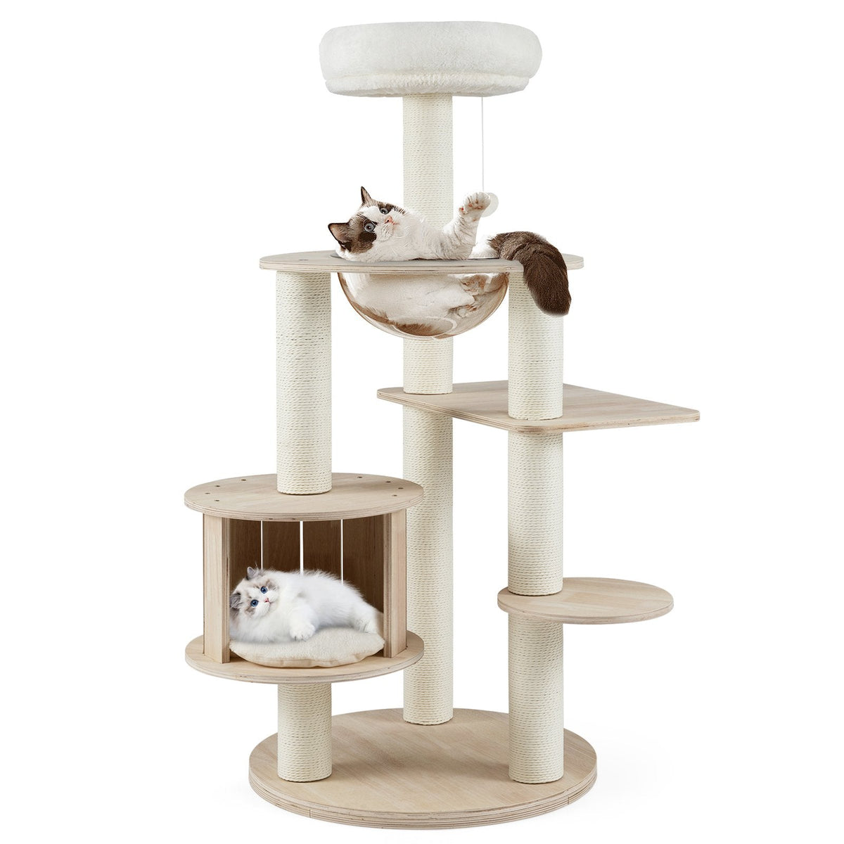 52 Inch Wooden Cat Tree with Slatted Condo, Space Capsule and Washable Cushions