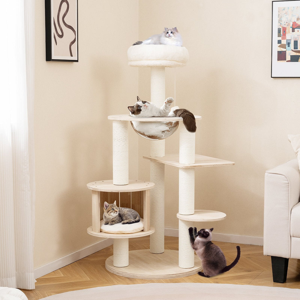 52 Inch Wooden Cat Tree with Slatted Condo, Space Capsule and Washable Cushions