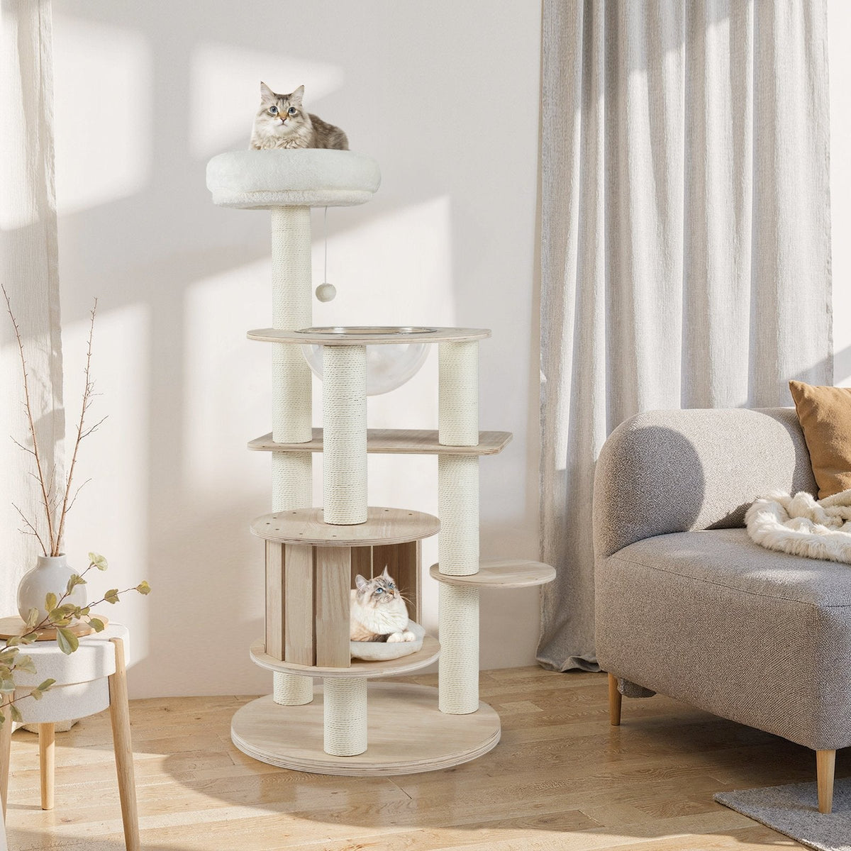 52 Inch Wooden Cat Tree with Slatted Condo, Space Capsule and Washable Cushions