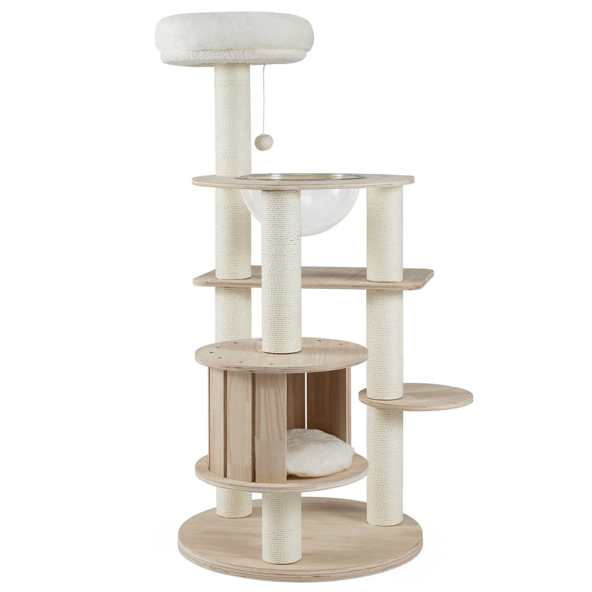 52 Inch Wooden Cat Tree with Slatted Condo, Space Capsule and Washable Cushions