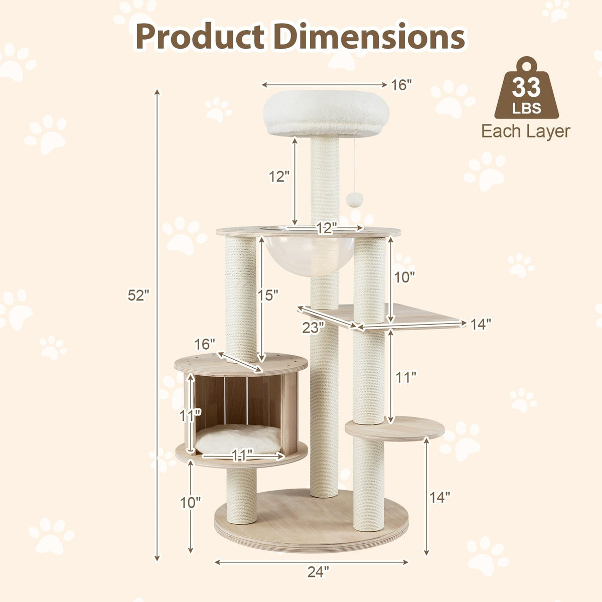 52 Inch Wooden Cat Tree with Slatted Condo, Space Capsule and Washable Cushions