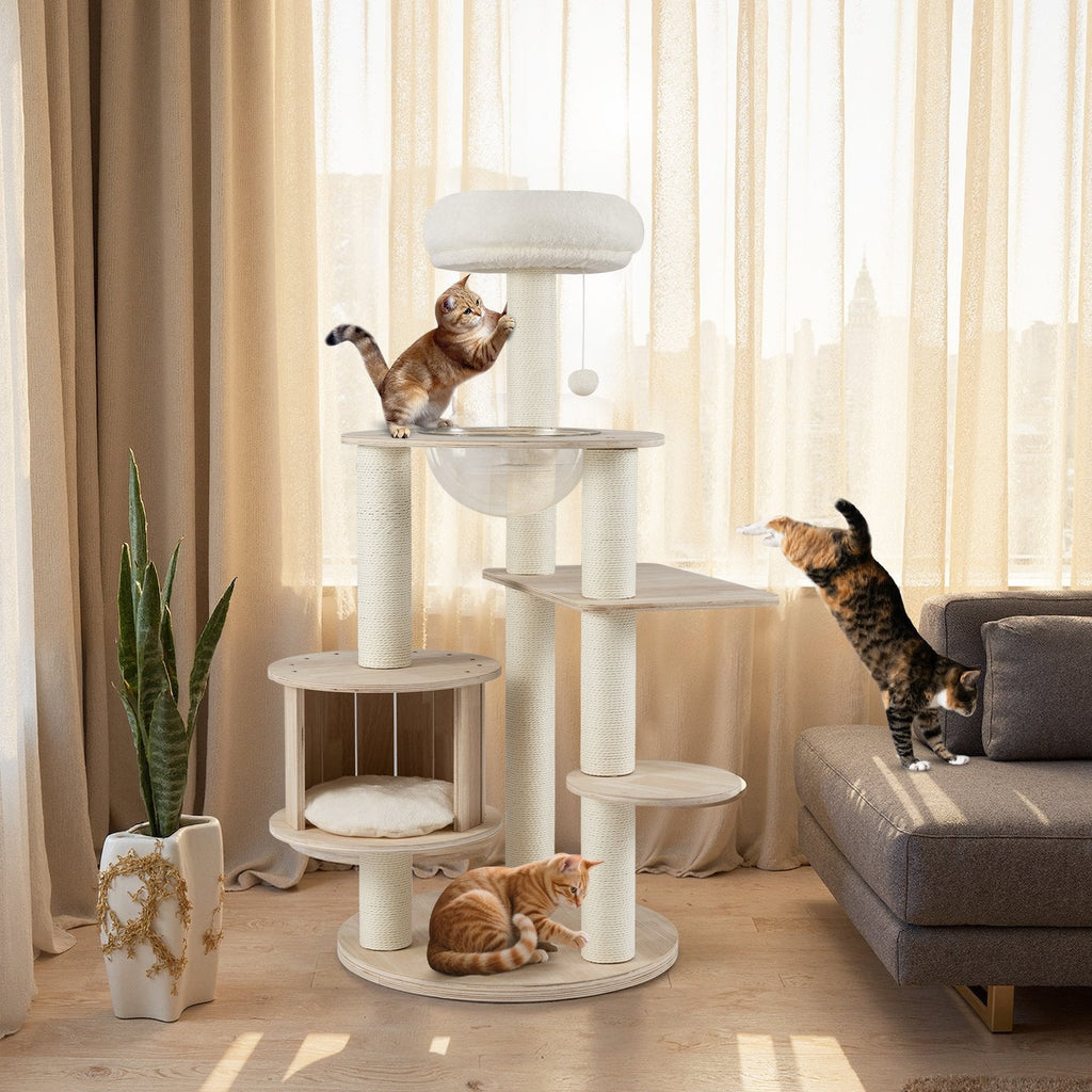 52 Inch Wooden Cat Tree with Slatted Condo, Space Capsule and Washable Cushions