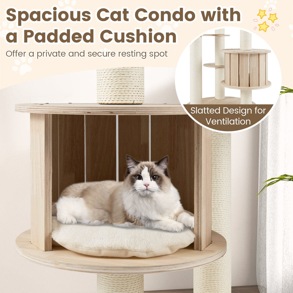 52 Inch Wooden Cat Tree with Slatted Condo, Space Capsule and Washable Cushions
