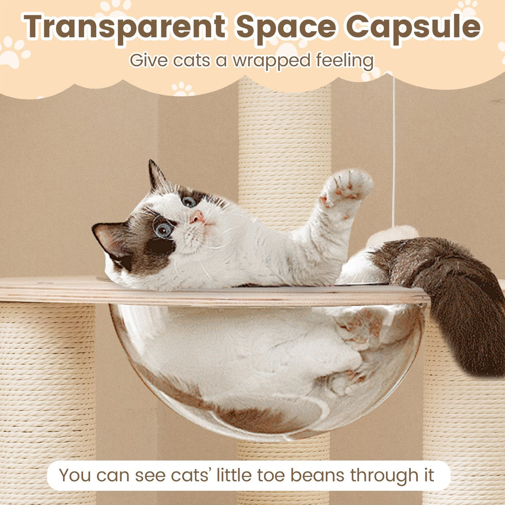 52 Inch Wooden Cat Tree with Slatted Condo, Space Capsule and Washable Cushions