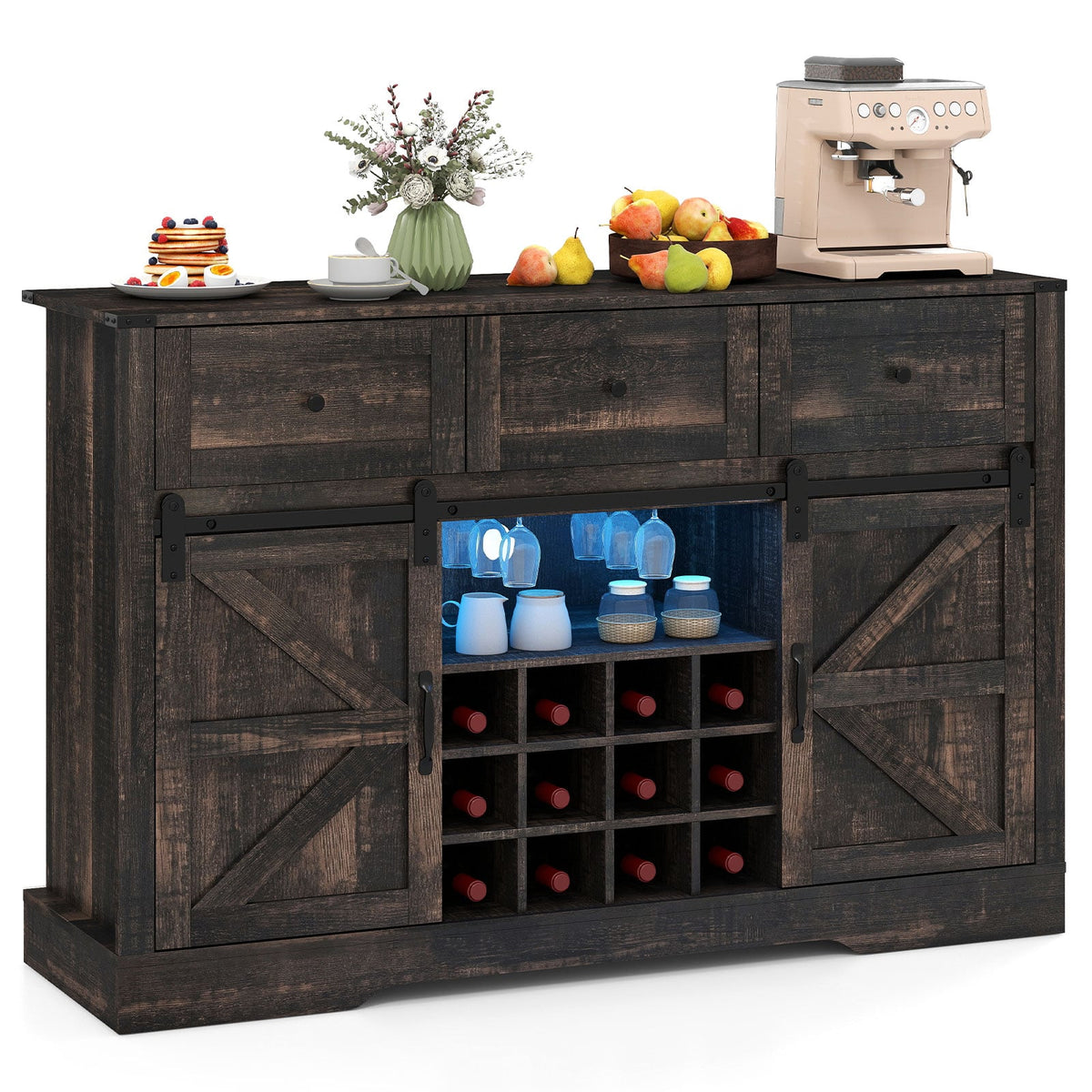52 Inches Wine Bar Cabinet with LED Lights and Sliding Barn Doors-Black