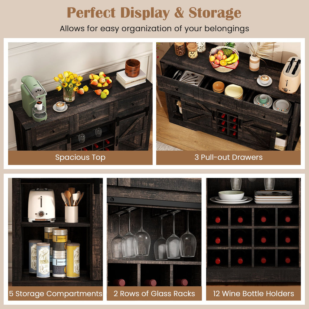 52 Inches Wine Bar Cabinet with LED Lights and Sliding Barn Doors-Black