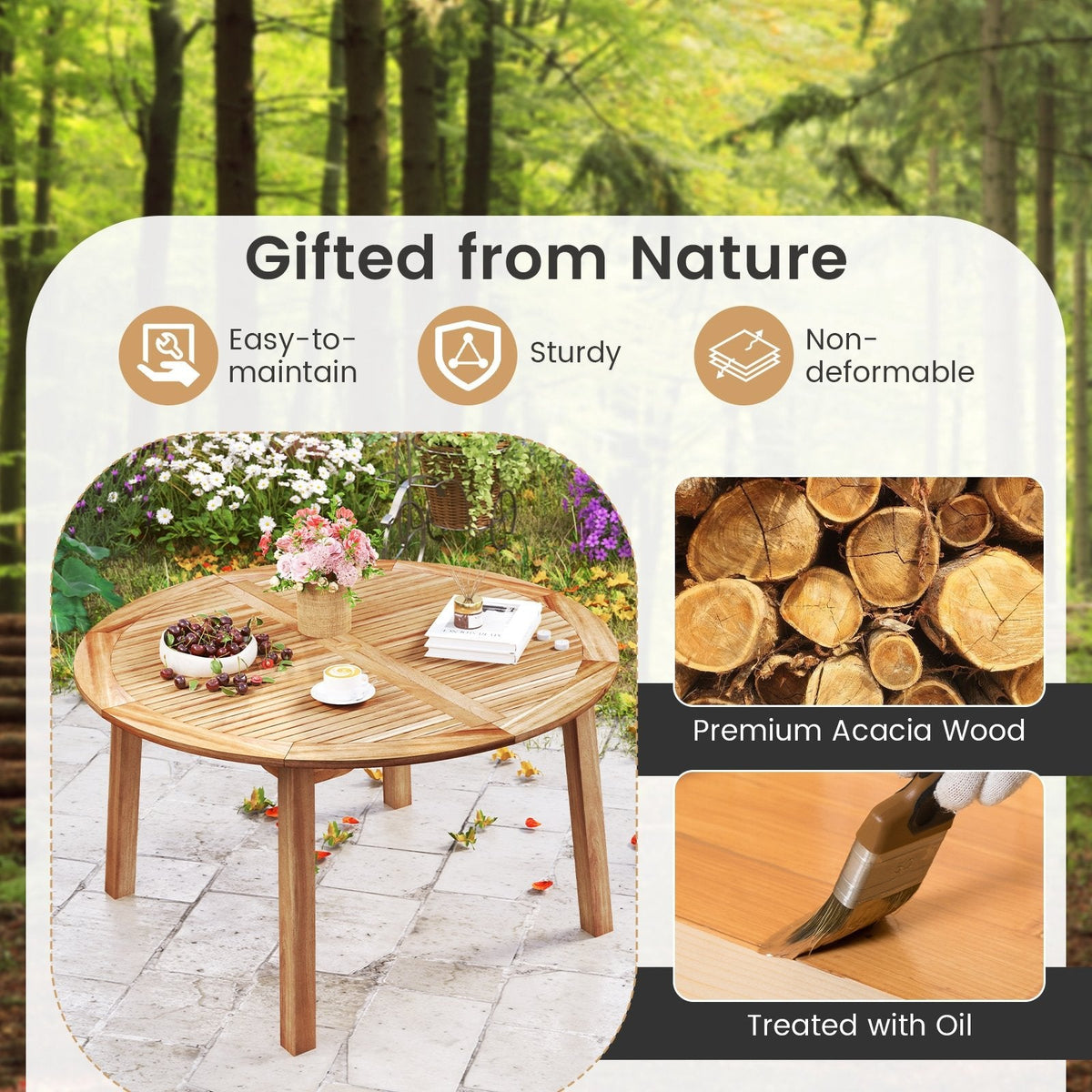 53 Inch Outdoor Acacia Wood Dining Table for 4-6 People