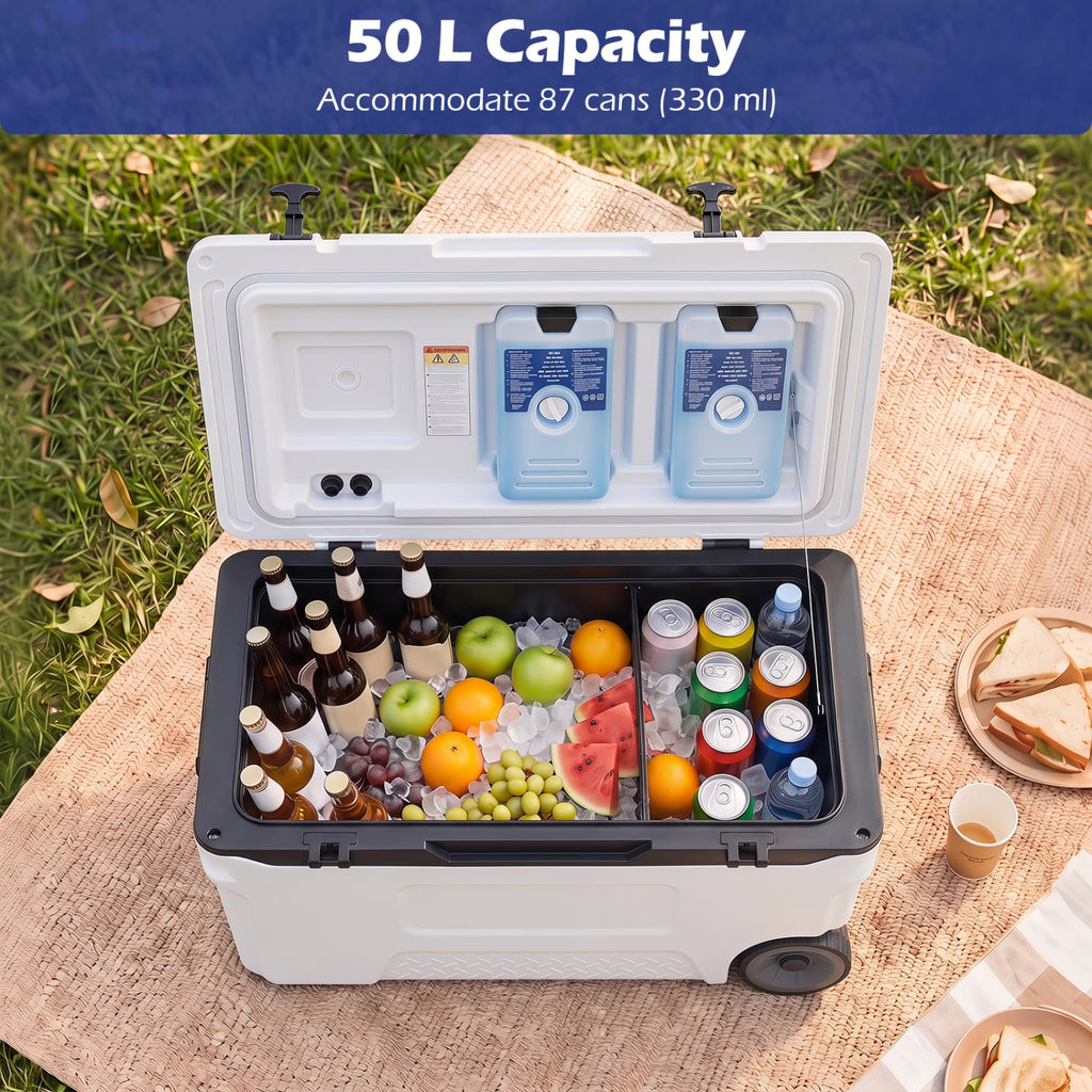 53 Quart Portable Rolling Cooler with Fish Ruler for Outdoor-White