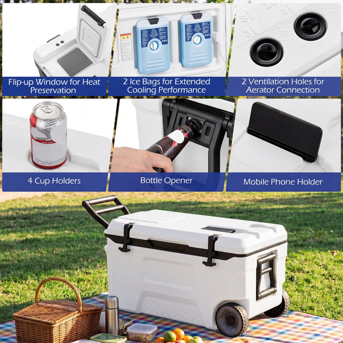 53 Quart Portable Rolling Cooler with Fish Ruler for Outdoor-White