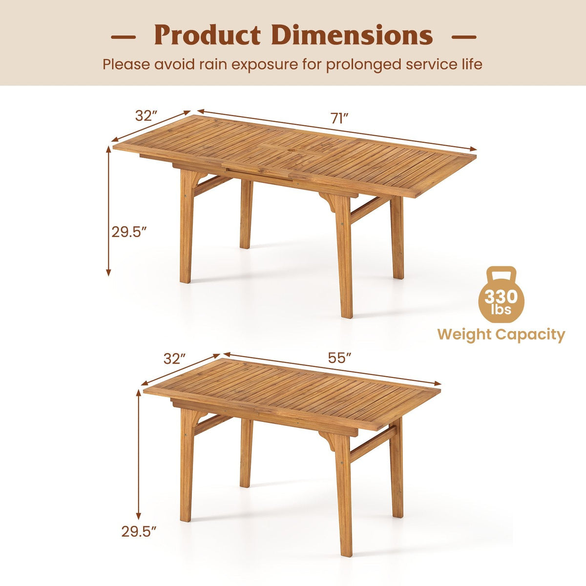 55 Inch Patio Dining Table Expandable for 6-8 People with Umbrella Hole