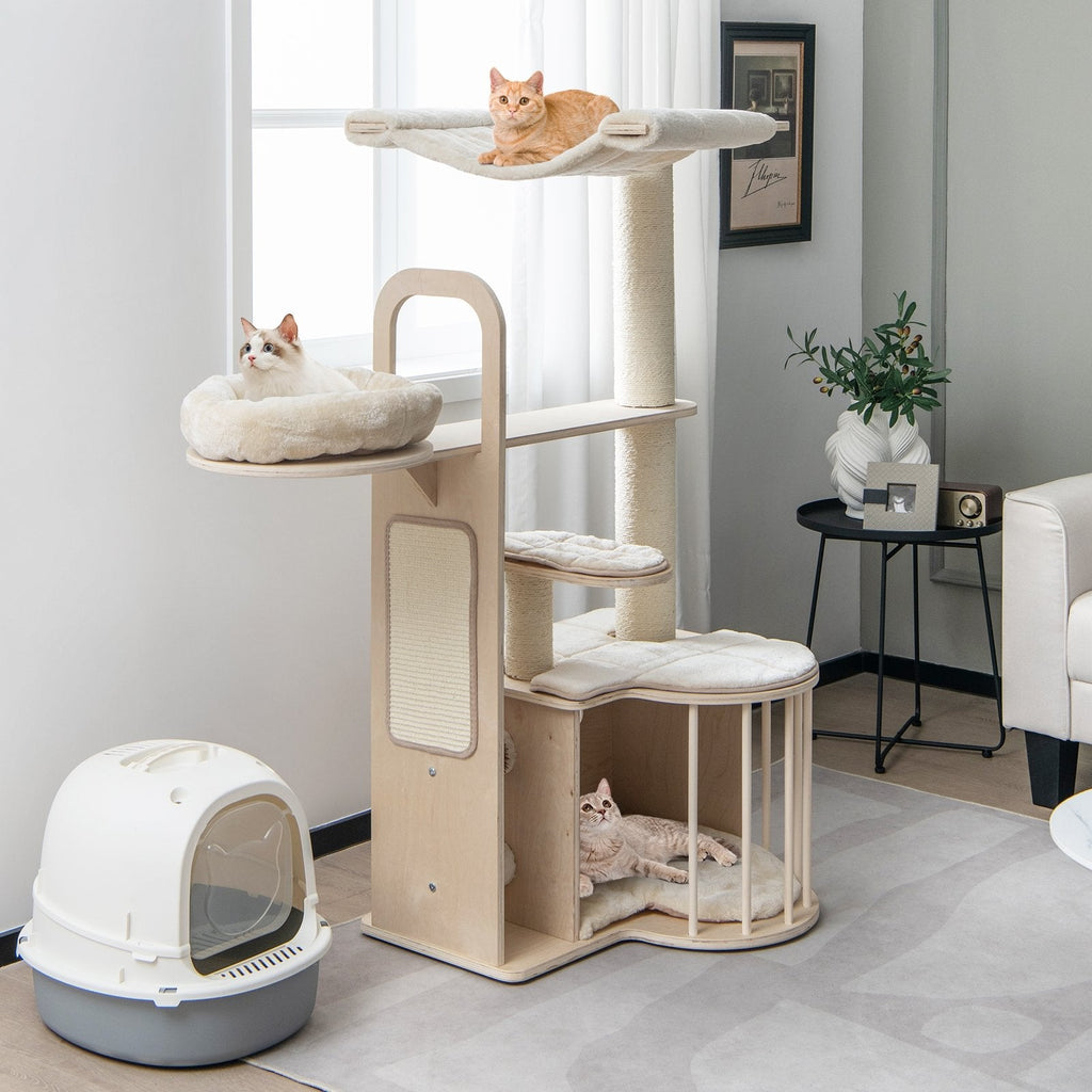 55 Inch Multi Level Cat Tree with Top Hammock, Fenced Condo and Self Groomer, Natural