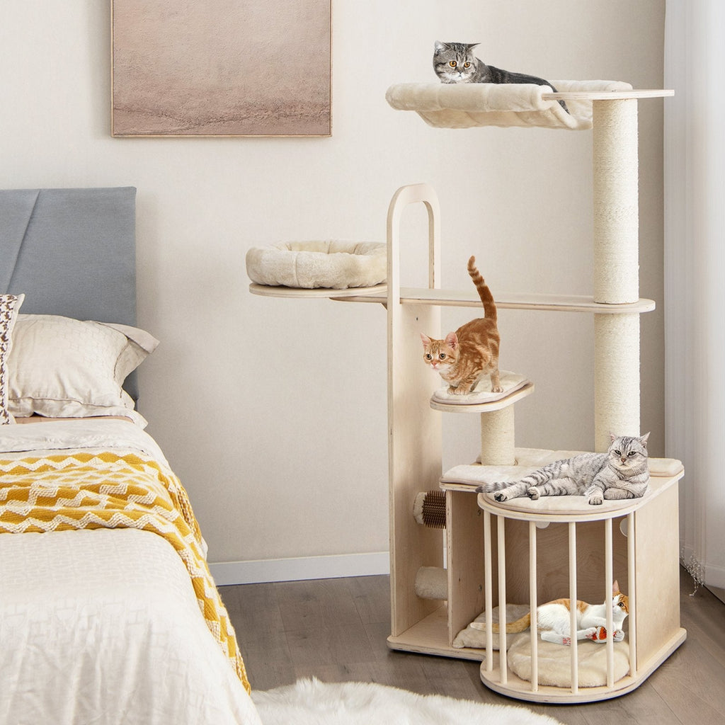 55 Inch Multi Level Cat Tree with Top Hammock, Fenced Condo and Self Groomer, Natural
