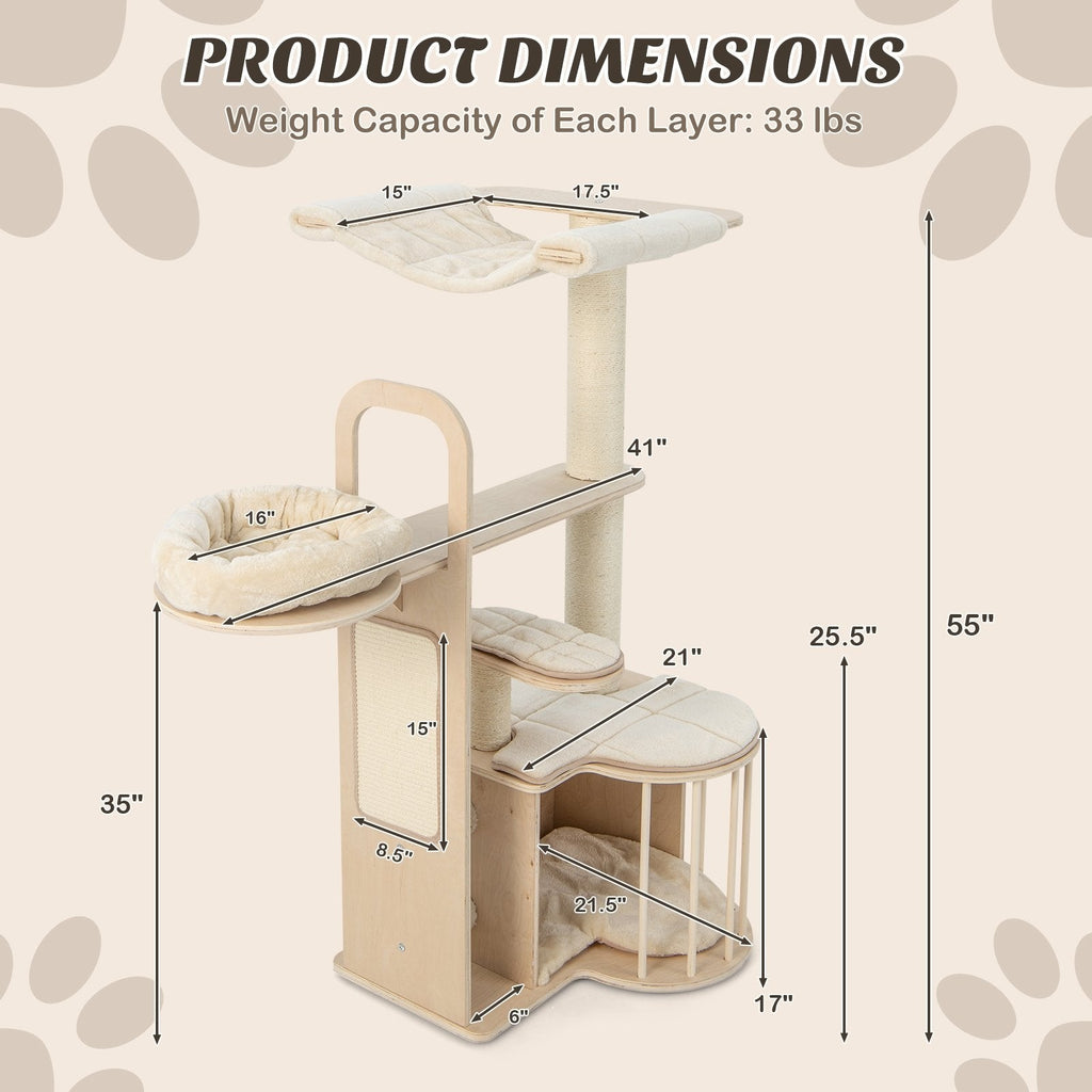 55 Inch Multi Level Cat Tree with Top Hammock, Fenced Condo and Self Groomer, Natural