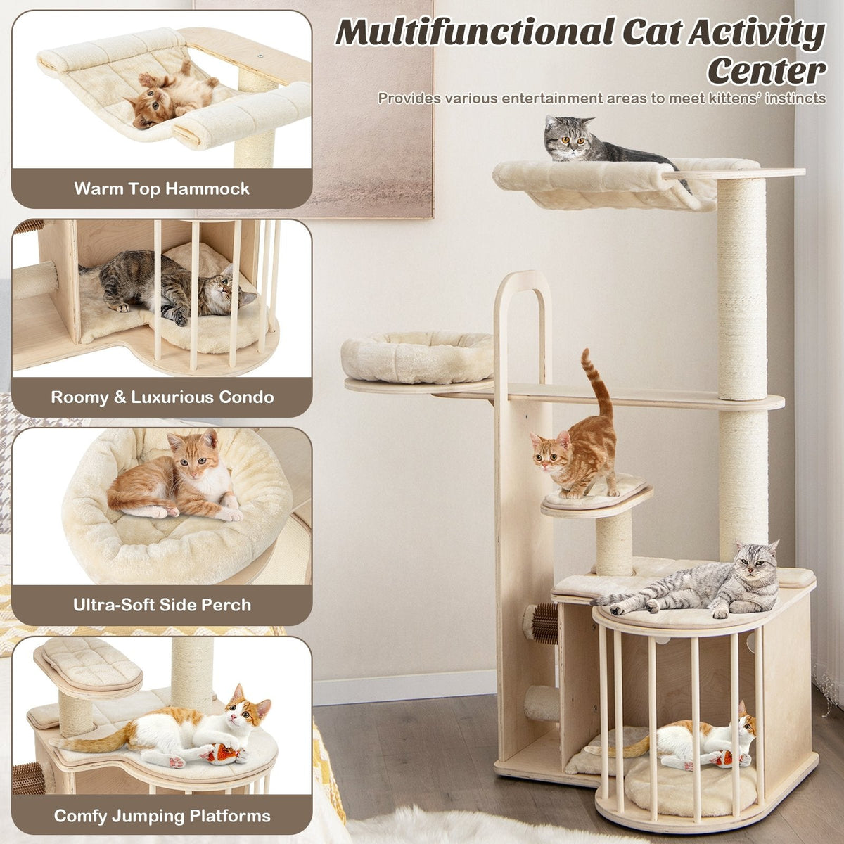 55 Inch Multi Level Cat Tree with Top Hammock, Fenced Condo and Self Groomer, Natural