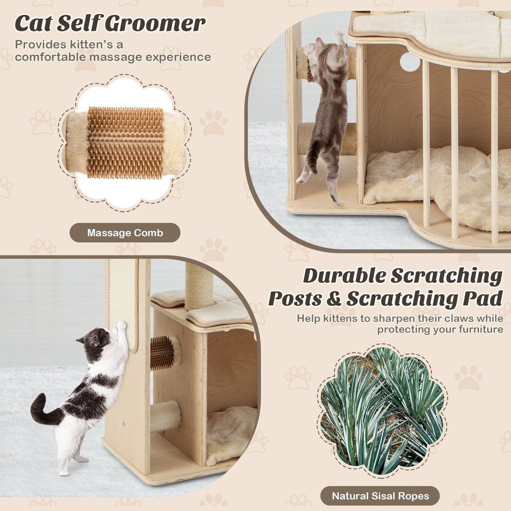 55 Inch Multi Level Cat Tree with Top Hammock, Fenced Condo and Self Groomer, Natural