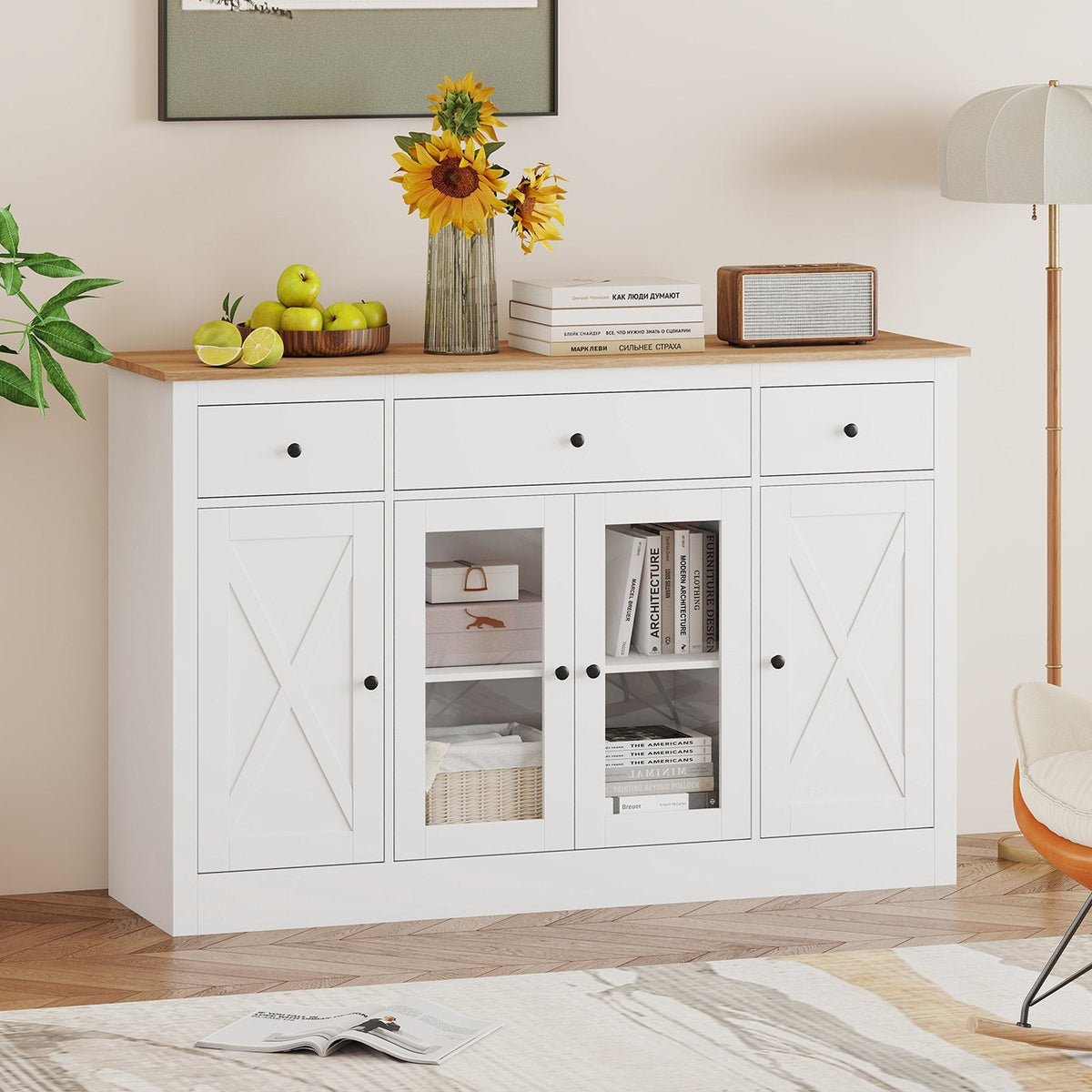 55 inches Large Buffet Sideboard Kitchen Storage Cabinet with 3 Drawers 2 See-through Doors Adjustable Shelves Wine Bar Table-White