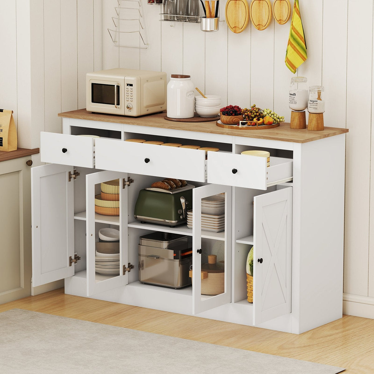 55 inches Large Buffet Sideboard Kitchen Storage Cabinet with 3 Drawers 2 See-through Doors Adjustable Shelves Wine Bar Table-White