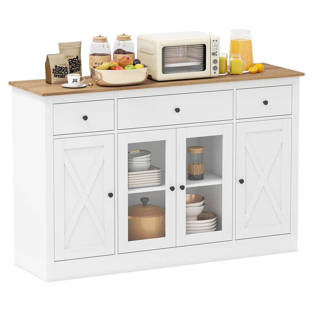 55 inches Large Buffet Sideboard Kitchen Storage Cabinet with 3 Drawers 2 See-through Doors Adjustable Shelves Wine Bar Table-White