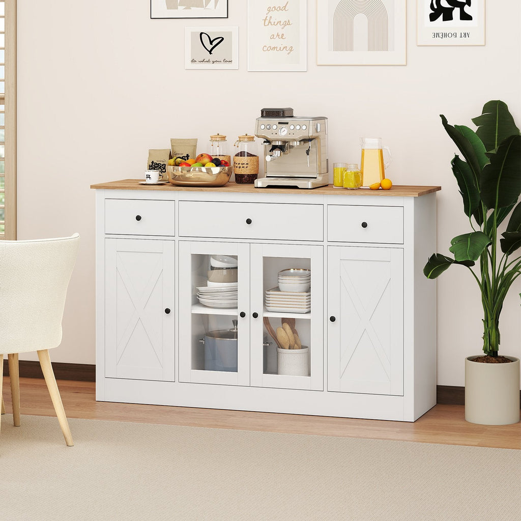 55 inches Large Buffet Sideboard Kitchen Storage Cabinet with 3 Drawers 2 See-through Doors Adjustable Shelves Wine Bar Table-White