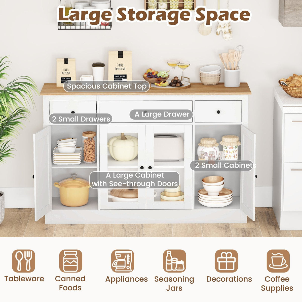 55 inches Large Buffet Sideboard Kitchen Storage Cabinet with 3 Drawers 2 See-through Doors Adjustable Shelves Wine Bar Table-White