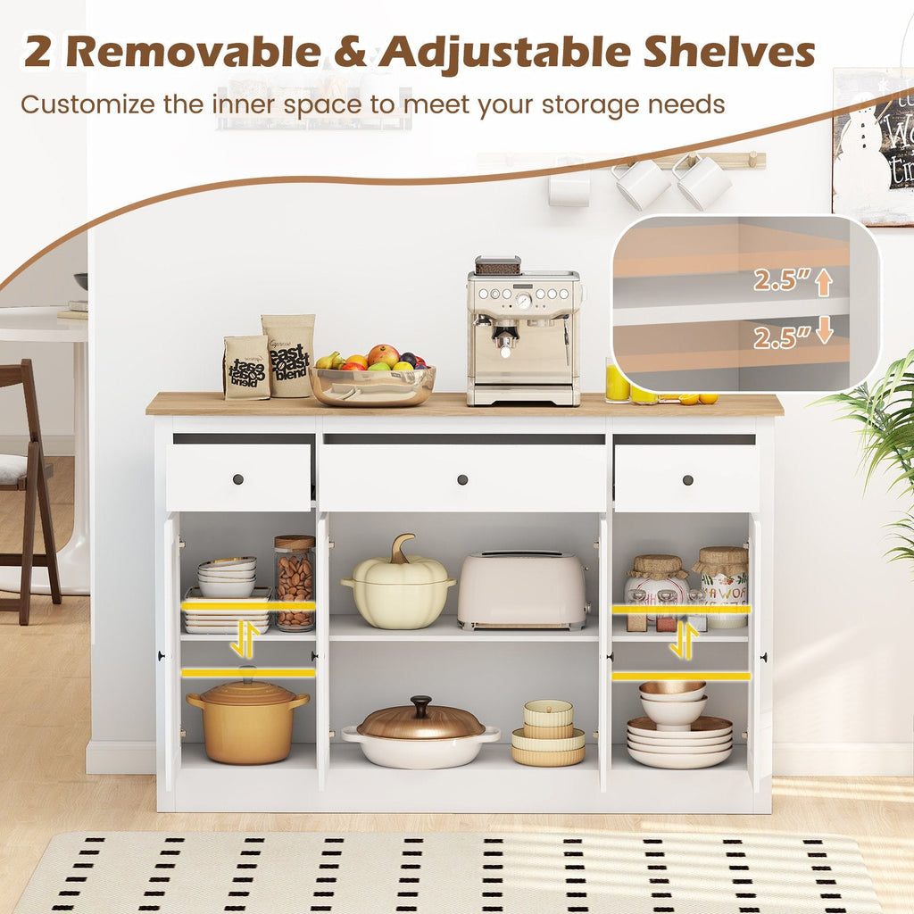 55 inches Large Buffet Sideboard Kitchen Storage Cabinet with 3 Drawers 2 See-through Doors Adjustable Shelves Wine Bar Table-White