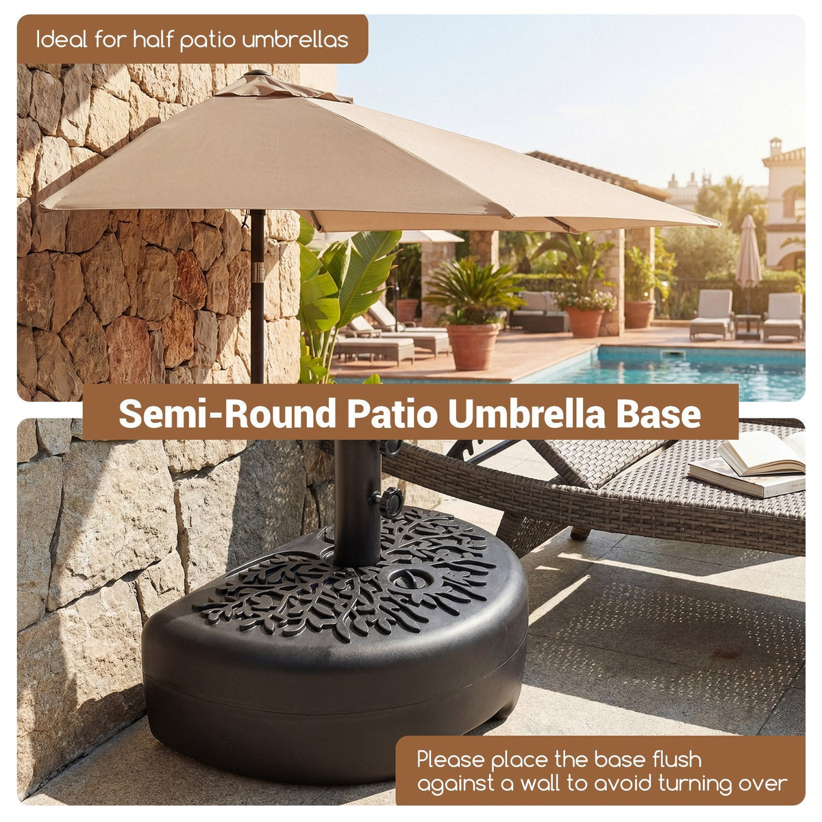 55 LBS Half Round Patio Umbrella Base, for Deck Lawn Poolside-Black