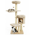 55 Inch Solid Rubber Wood Cat Tree with Condo, 18 Inch Hammock and Sisal Posts, Beige