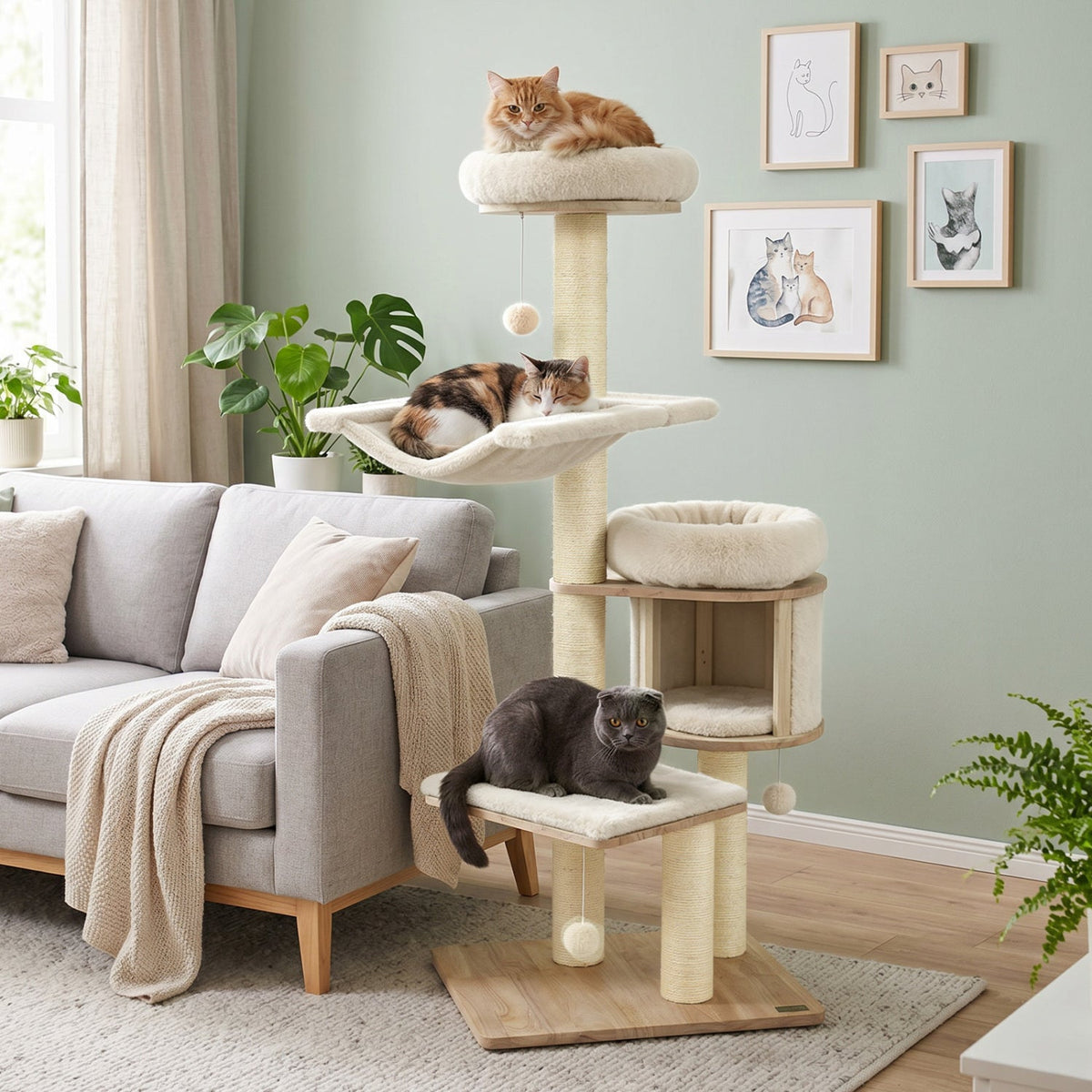 55 Inch Solid Rubber Wood Cat Tree with Condo, 18 Inch Hammock and Sisal Posts, Beige