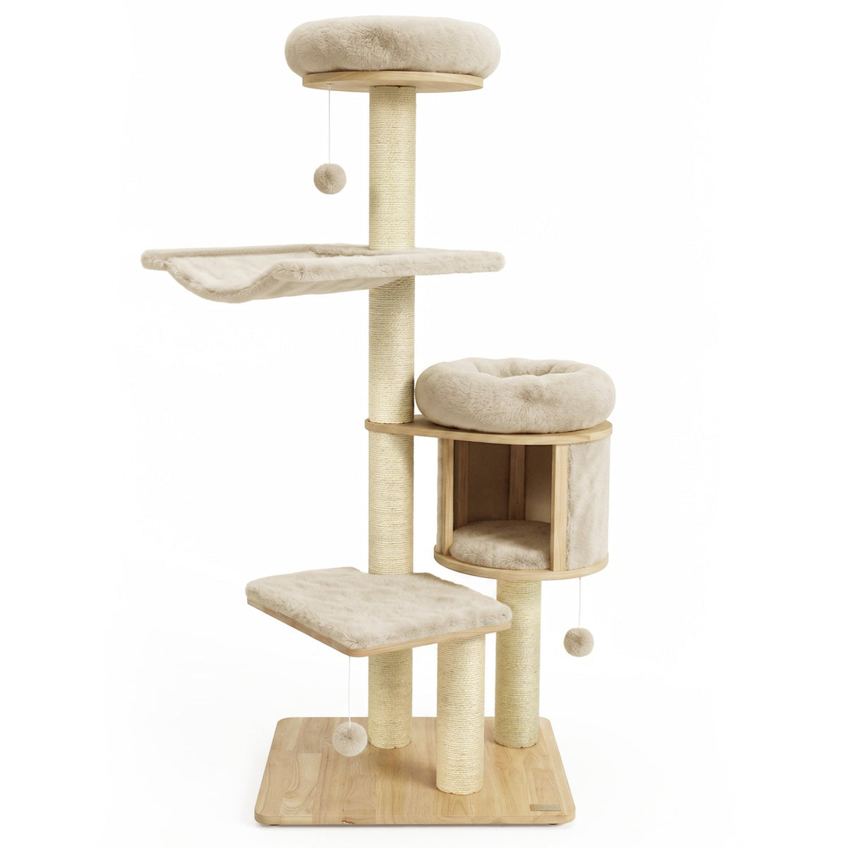 55 Inch Solid Rubber Wood Cat Tree with Condo, 18 Inch Hammock and Sisal Posts, Beige