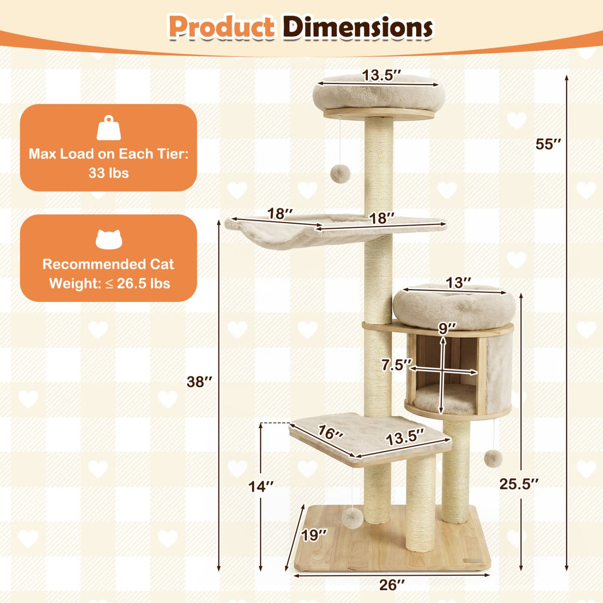 55 Inch Solid Rubber Wood Cat Tree with Condo, 18 Inch Hammock and Sisal Posts, Beige