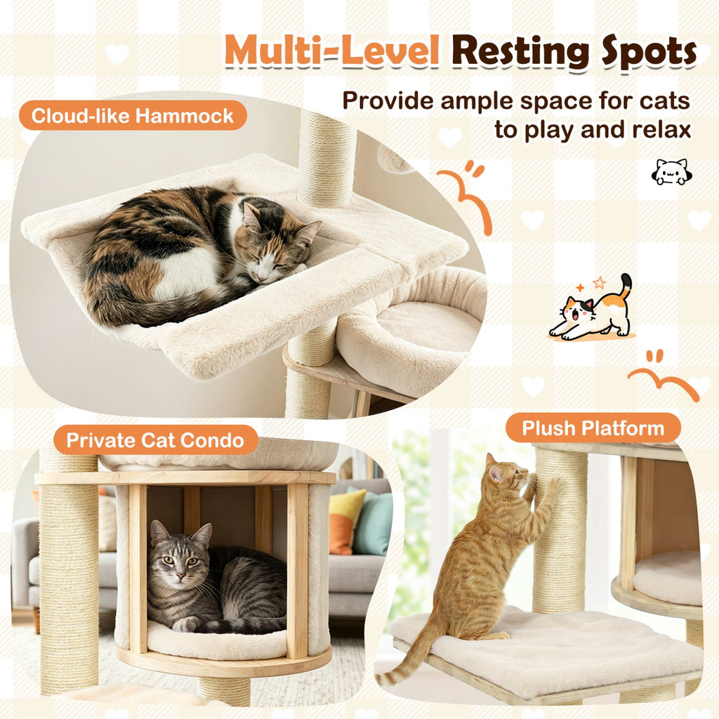 55 Inch Solid Rubber Wood Cat Tree with Condo, 18 Inch Hammock and Sisal Posts, Beige