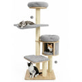 55 Inch Grey Rubber Wood Cat Tree with Cloud Hammock, Drum Condo and Washable Covers