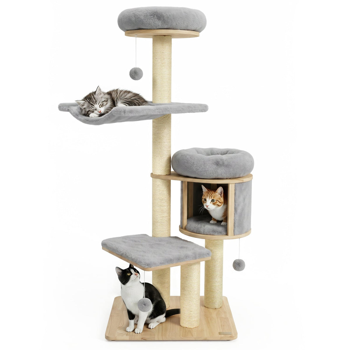55 Inch Grey Rubber Wood Cat Tree with Cloud Hammock, Drum Condo and Washable Covers