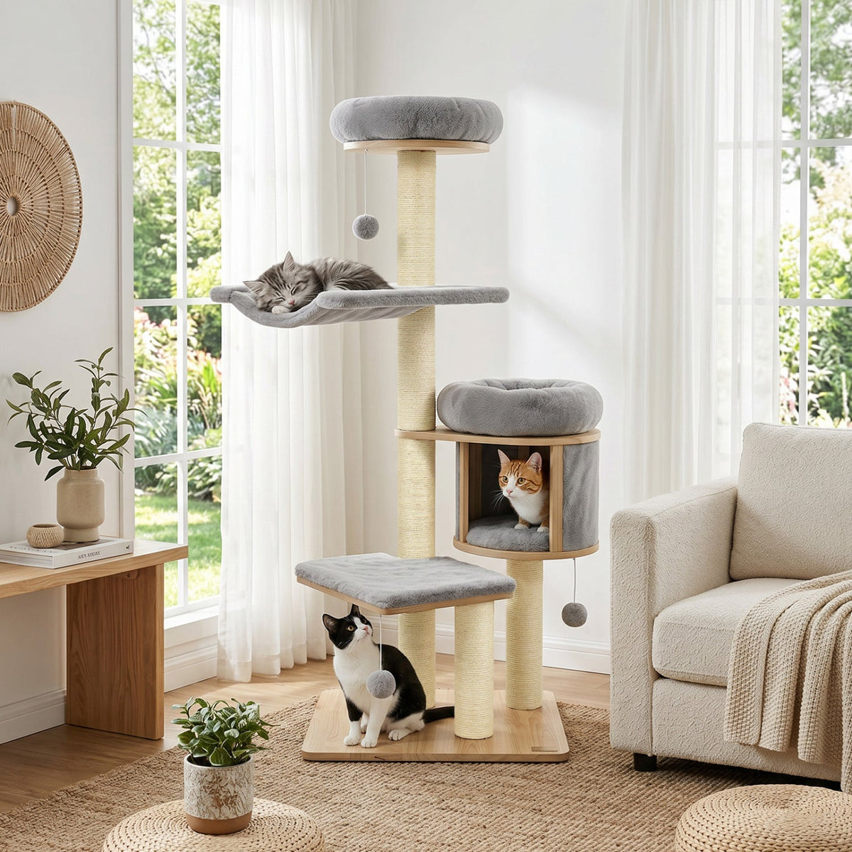 55 Inch Grey Rubber Wood Cat Tree with Cloud Hammock, Drum Condo and Washable Covers