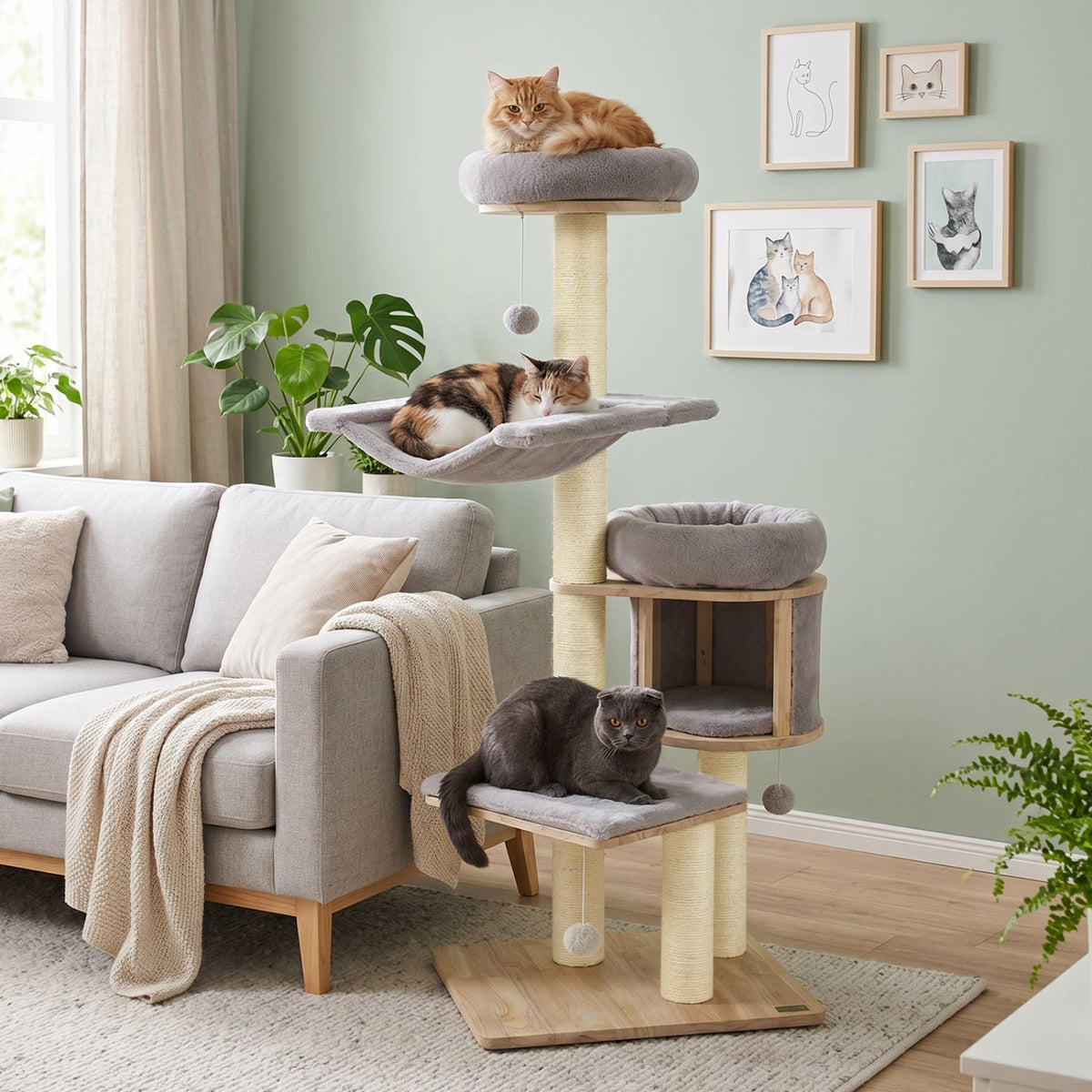 55 Inch Grey Rubber Wood Cat Tree with Cloud Hammock, Drum Condo and Washable Covers