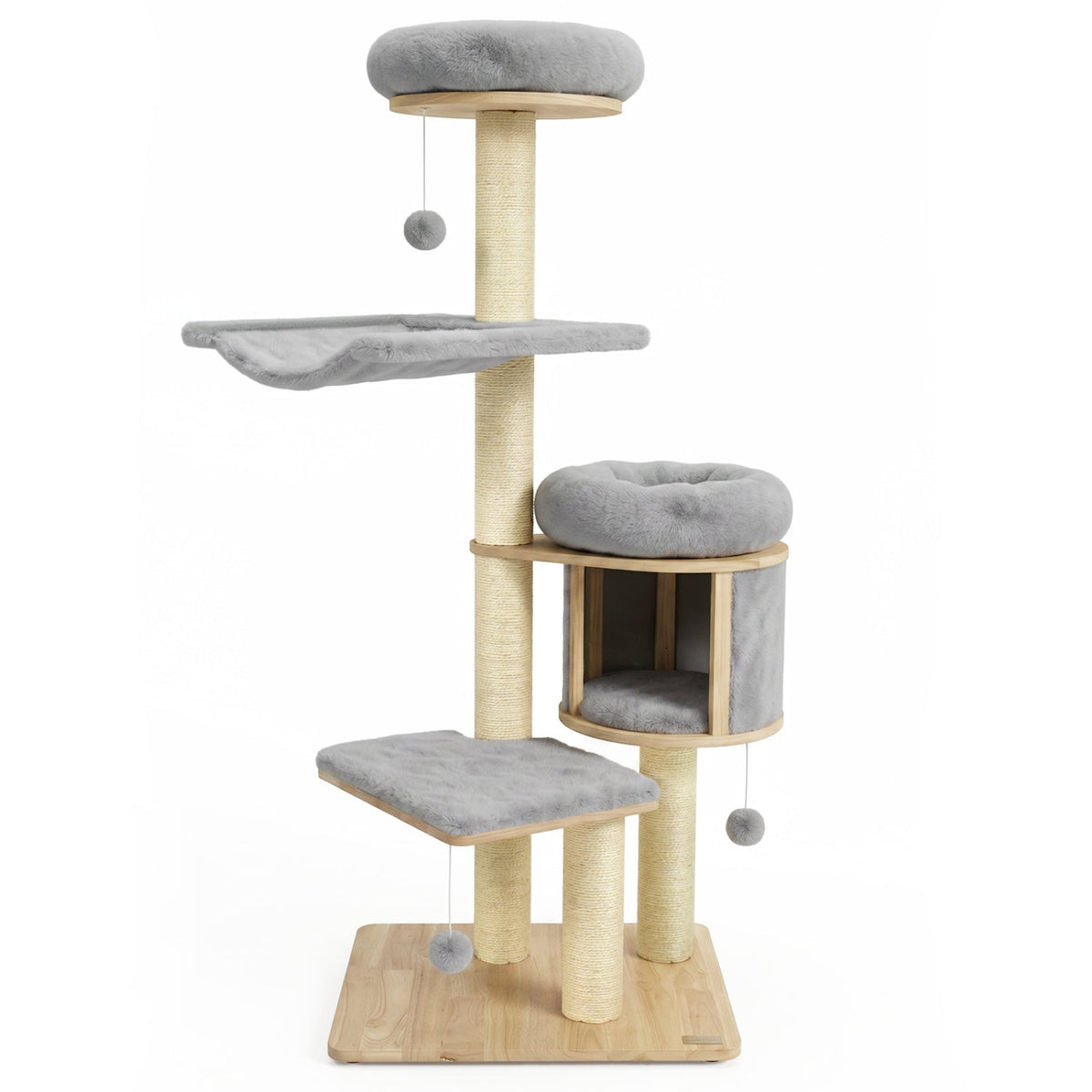 55 Inch Grey Rubber Wood Cat Tree with Cloud Hammock, Drum Condo and Washable Covers