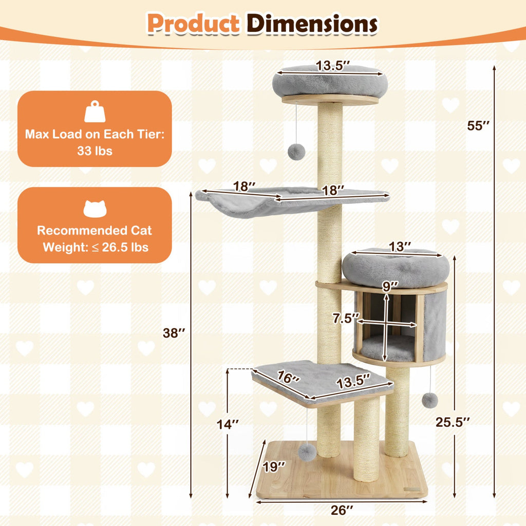 55 Inch Grey Rubber Wood Cat Tree with Cloud Hammock, Drum Condo and Washable Covers