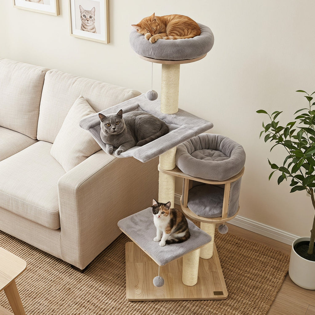 55 Inch Grey Rubber Wood Cat Tree with Cloud Hammock, Drum Condo and Washable Covers