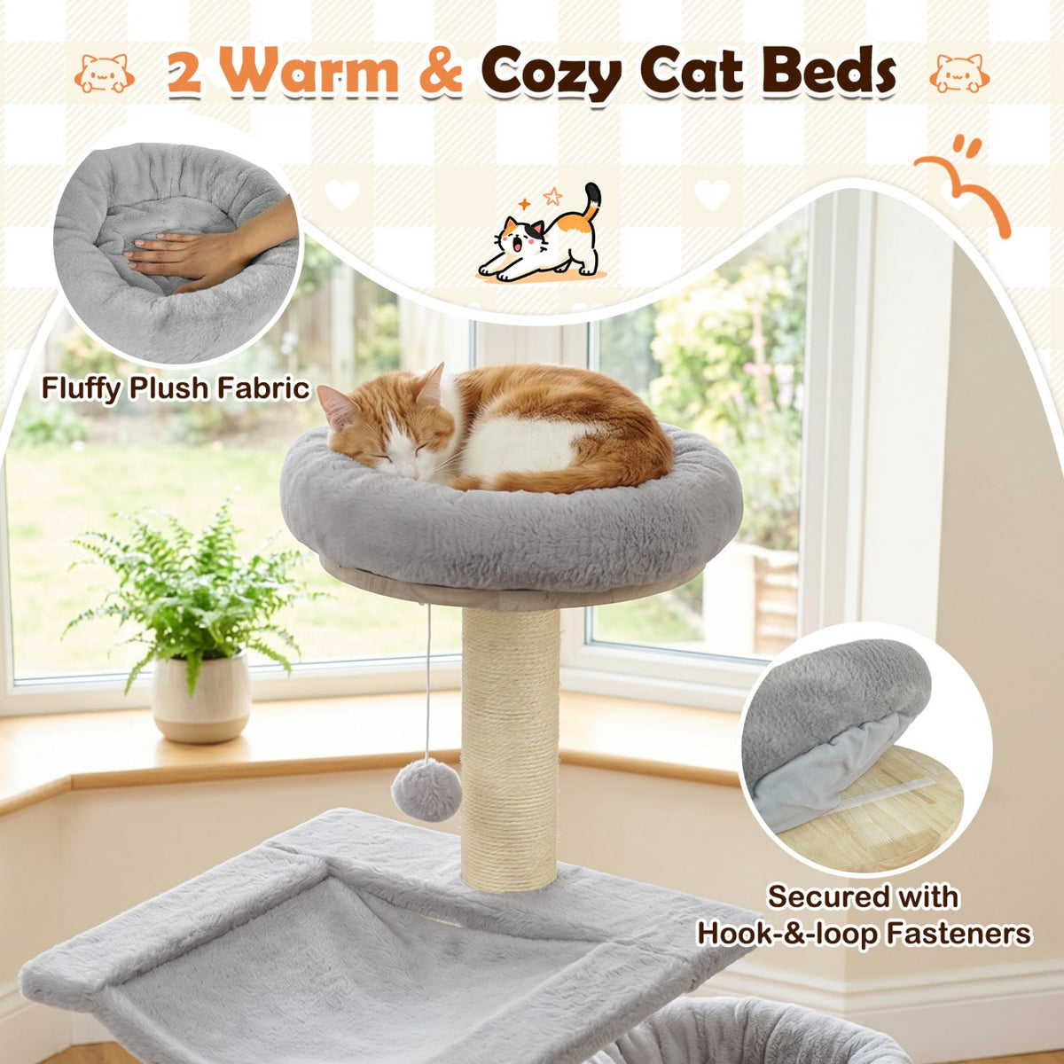 55 Inch Grey Rubber Wood Cat Tree with Cloud Hammock, Drum Condo and Washable Covers