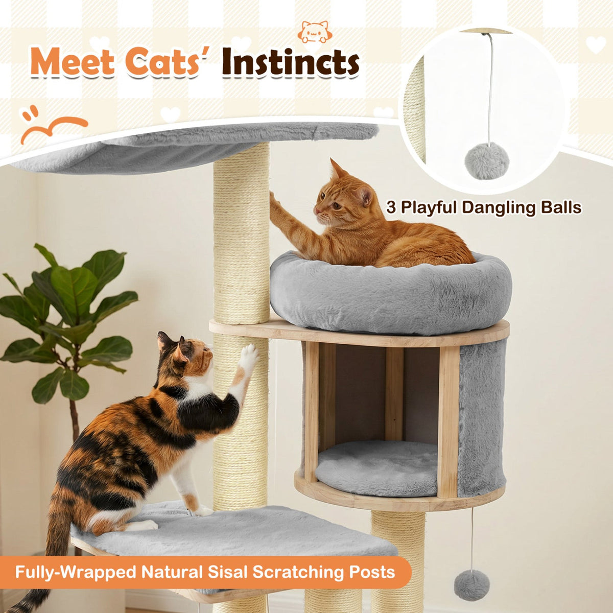 55 Inch Grey Rubber Wood Cat Tree with Cloud Hammock, Drum Condo and Washable Covers