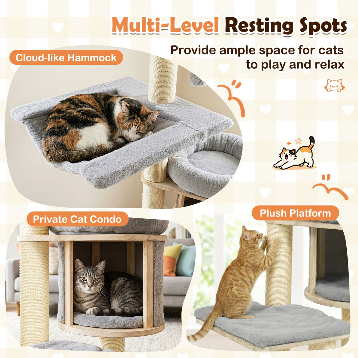 55 Inch Grey Rubber Wood Cat Tree with Cloud Hammock, Drum Condo and Washable Covers