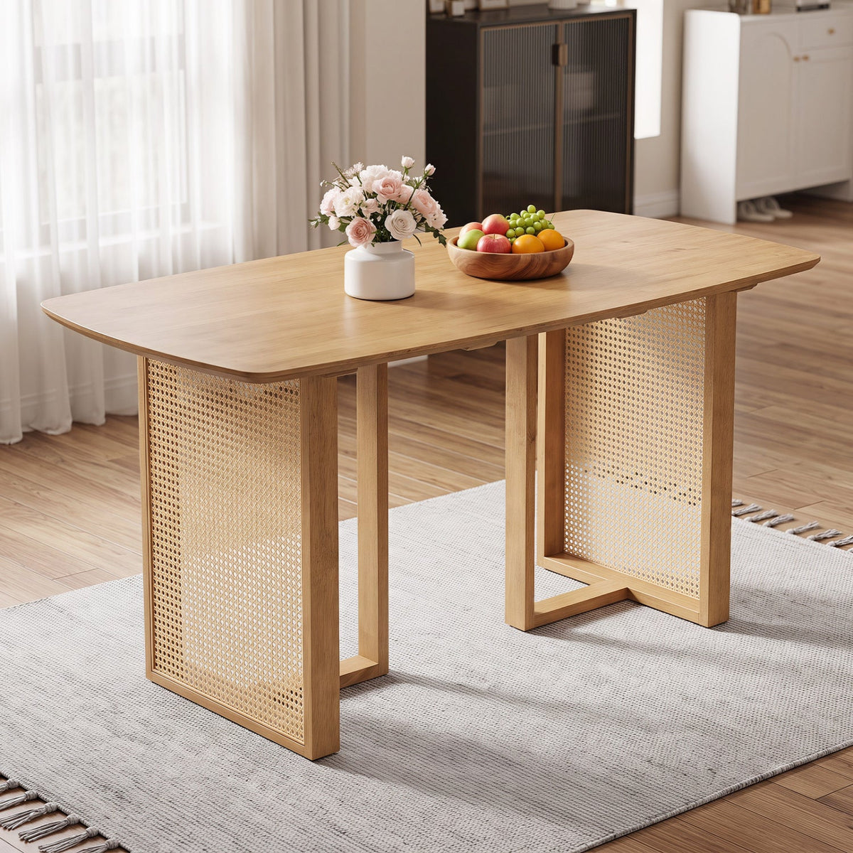 55 inches Solid Rubber Wood Dining Table Set for 4 People with Rounded Edges-Natural