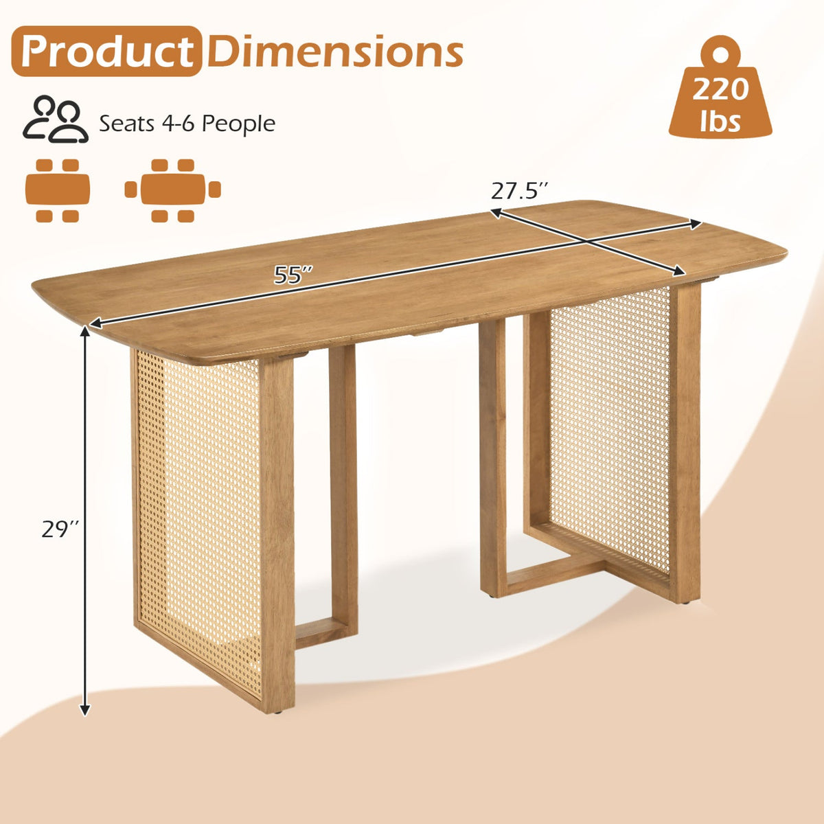 55 inches Solid Rubber Wood Dining Table Set for 4 People with Rounded Edges-Natural