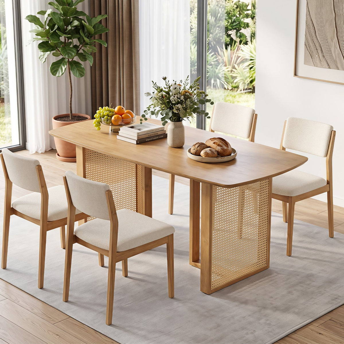 55 inches Solid Rubber Wood Dining Table Set for 4 People with Rounded Edges-Natural
