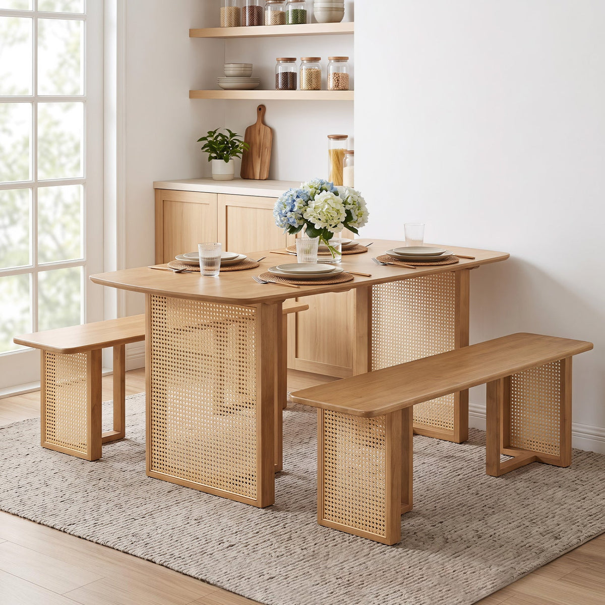 55 inches Solid Rubber Wood Dining Table Set for 4 People with Rounded Edges-Natural