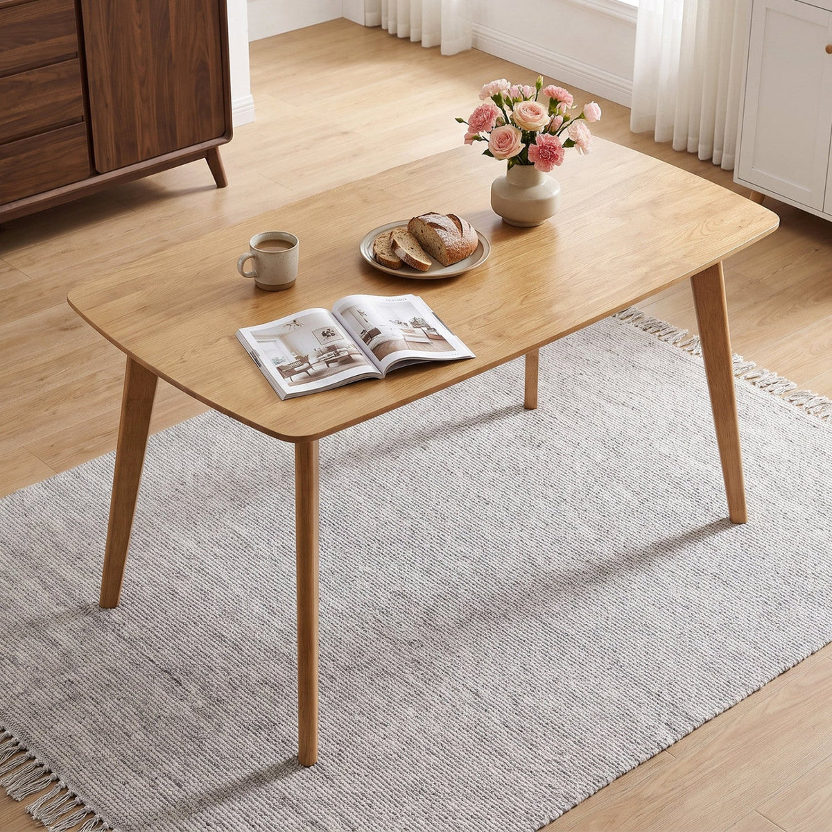55 inches Solid Wood Dining Table for 4-6 People with Rounded Edges-Natural