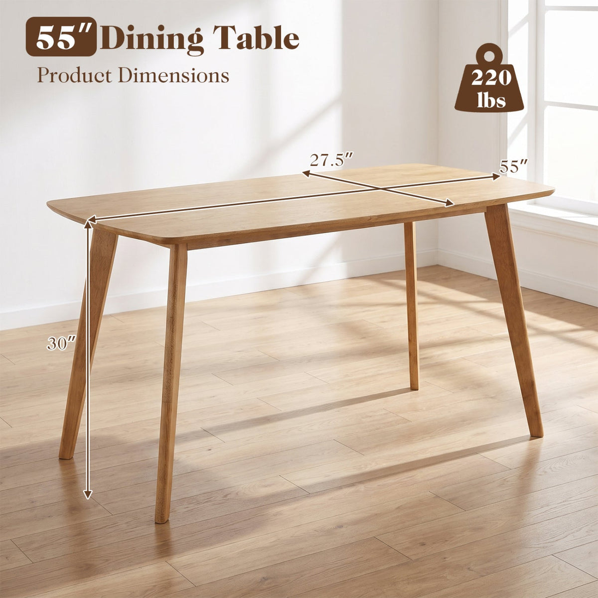 55 inches Solid Wood Dining Table for 4-6 People with Rounded Edges-Natural