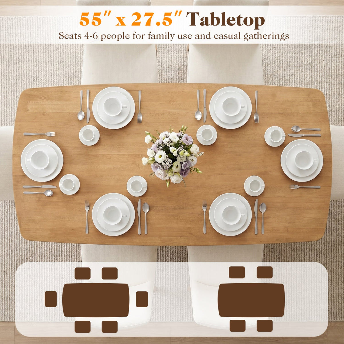55 inches Solid Wood Dining Table for 4-6 People with Rounded Edges-Natural
